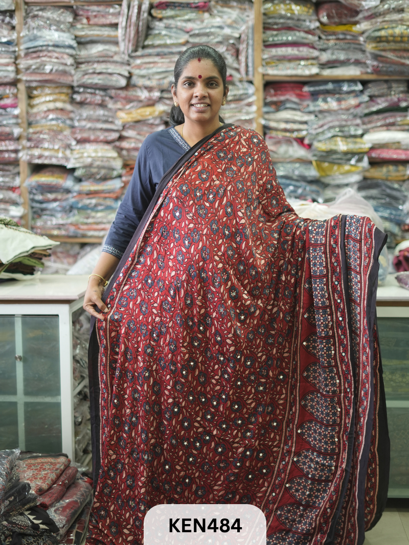 MODAL NATURAL AJRAKH HANDBLOCK SAREE WITH GLUE MIRROR