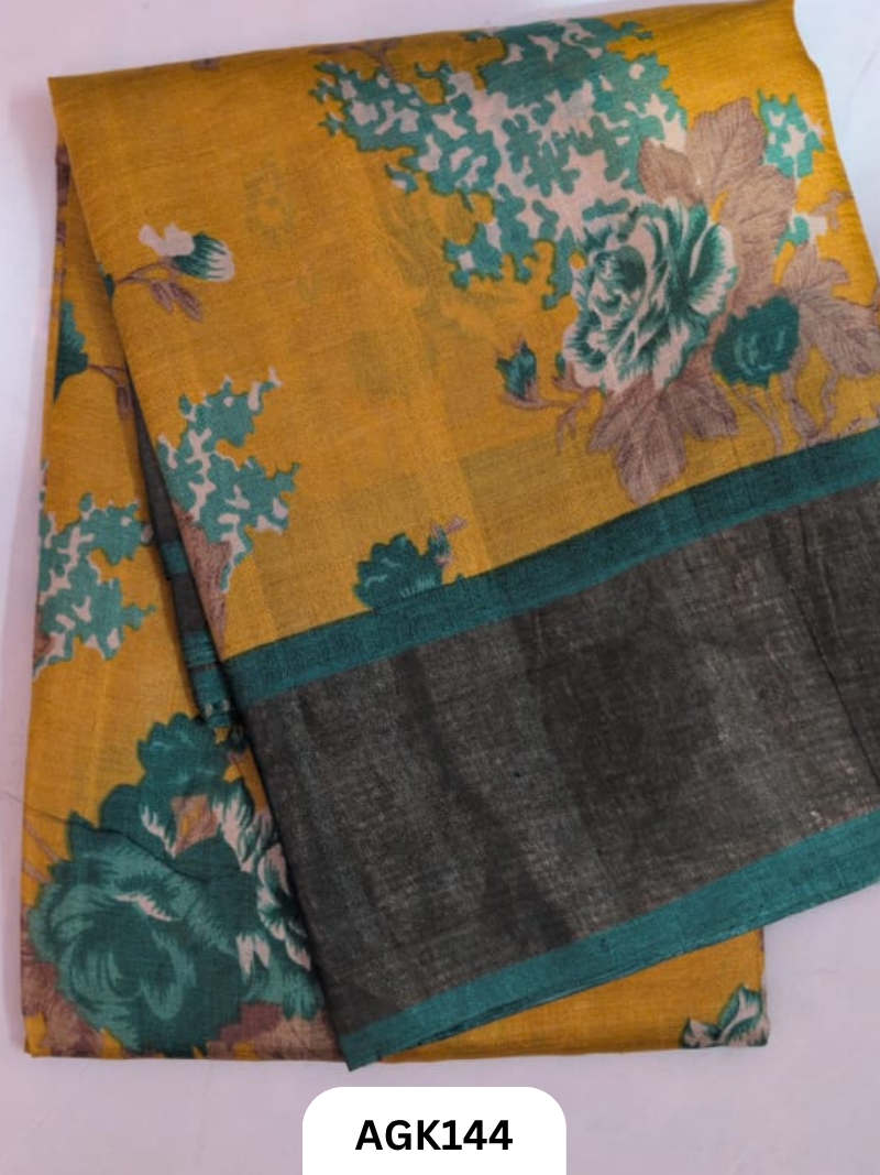PREMIUM QUALITY  ZARI BORDER TUSSAR HAND BLOCK PRINTING WORK  WITH BLOUSE PIECE  SILK MARK CERTIFIED