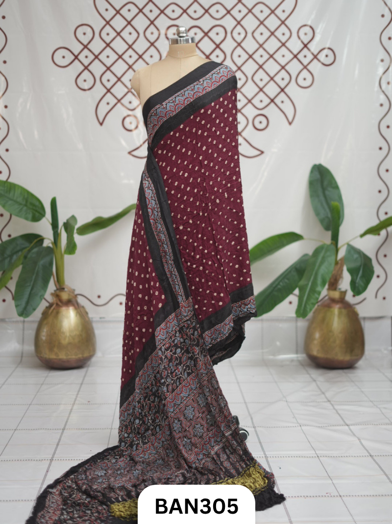 Modal Ajrakh With Bandhini Ladgi Patta Saree