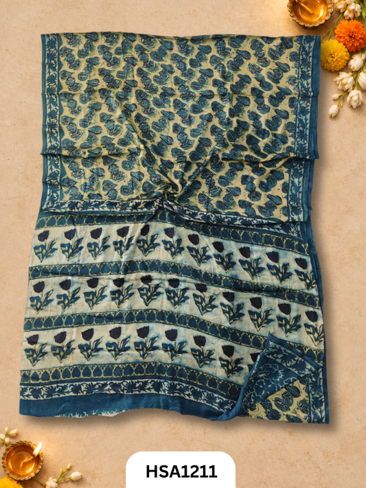 Hand Block Print Ajarkh Vanaspati Modal Silk Saree with blouse