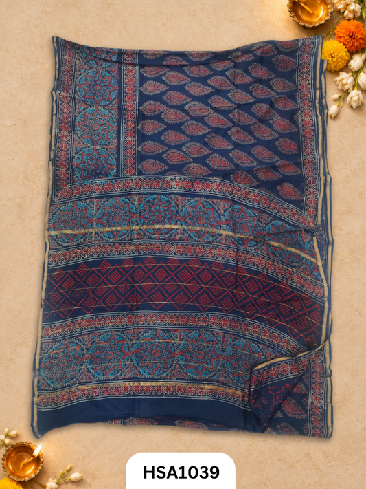 Pure Hand Block Printed Chanderi Silk Saree With Printed Blouse