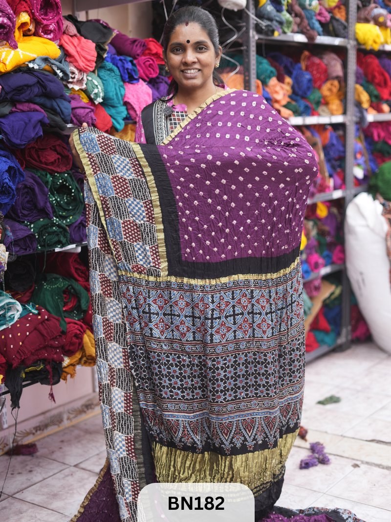 AJRAKH BANDHEJ WITH SKIRT BORDER SAREES | MODAL GAJI FABRIC