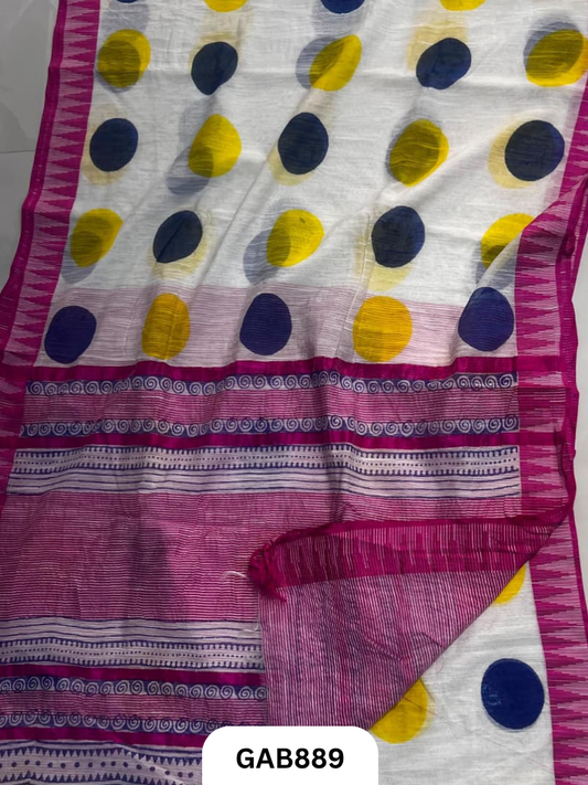 Temple Zari Border Hand Block Printed Katan Cotton Silk Saree With Running Blouse