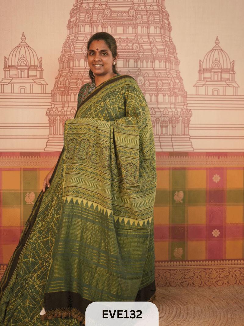 PURE CHANDERI SILK AJRAKH HANDBLOCK SAREE