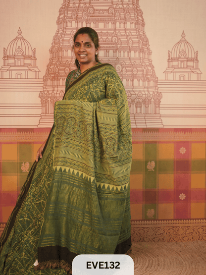 PURE CHANDERI SILK AJRAKH HANDBLOCK SAREE