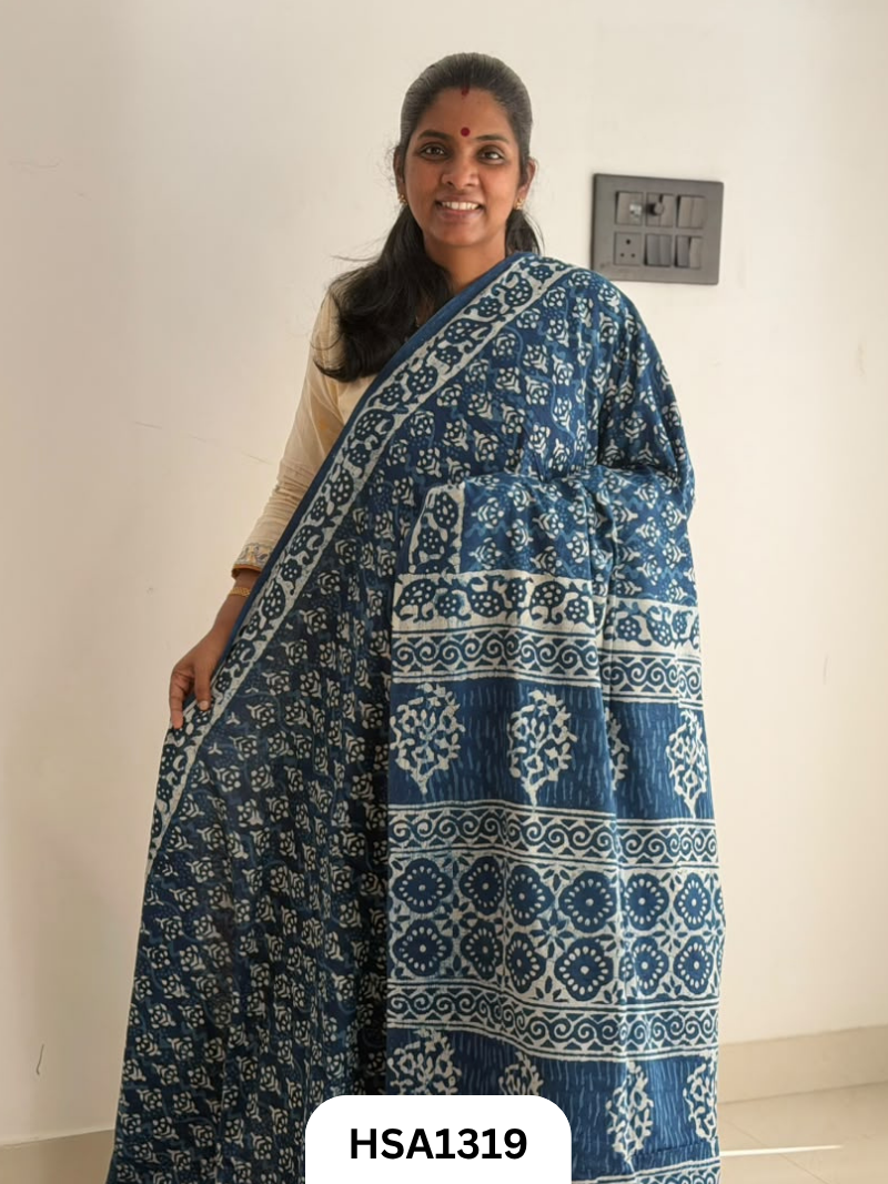 Hand Block Printed Pure Cotton Mulmul Saree