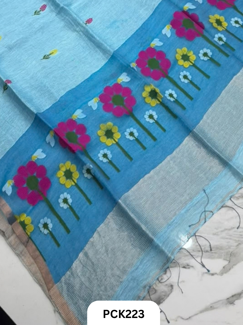 Pure Handloom Linen Silk Saree with Jamdani Weave