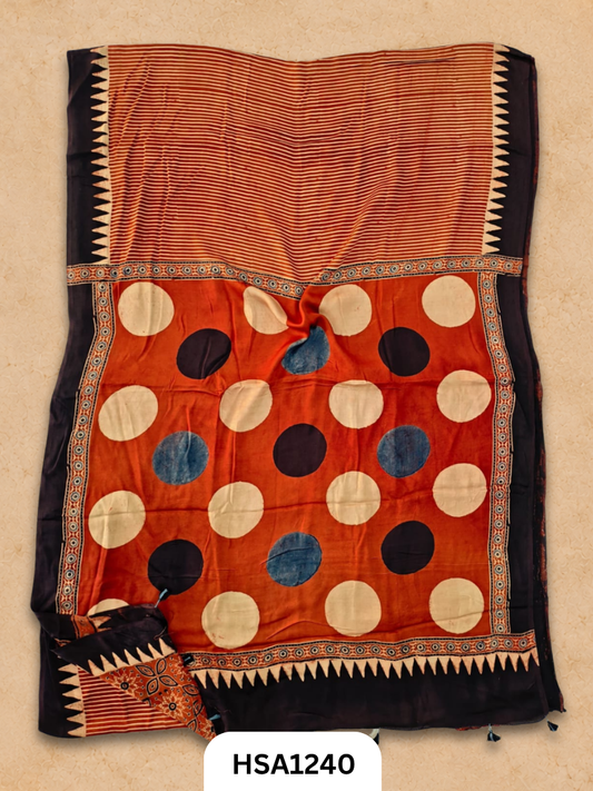 Natural Dye Vegetable Hand Block Print Ajrakh Print Pure Modal Silk Saree