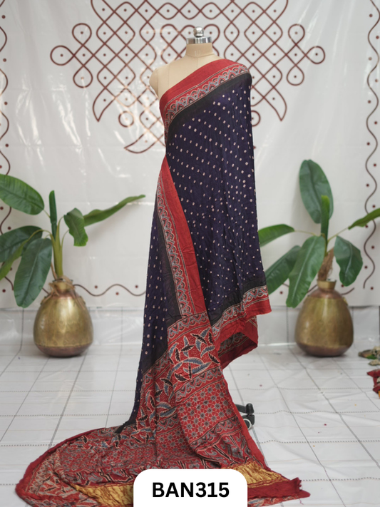 Modal Ajrakh With Bandhini Ladgi Patta Saree
