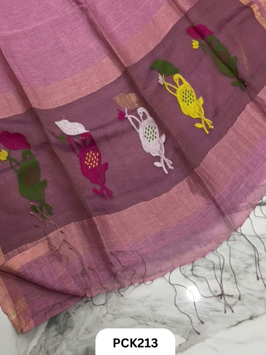 Pure Handloom Linen Silk Saree with Jamdani Weave