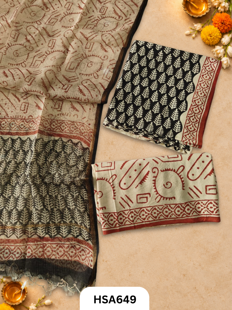 Handblock Printed Kota Doriya Dupatta With Cotton Suits Top 2.5mtr Dupatta 2.5mtr