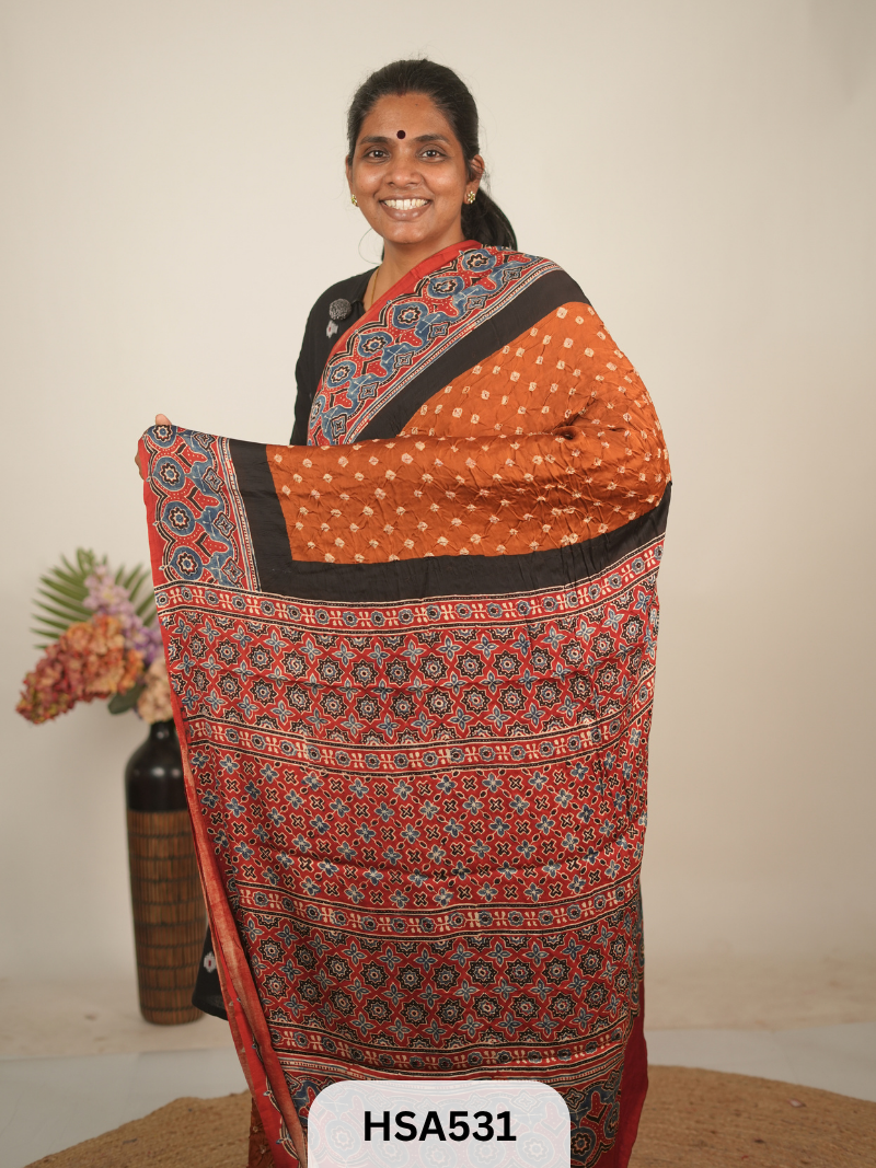 MODAL AJRAKH WITH BANDHINI SAREE