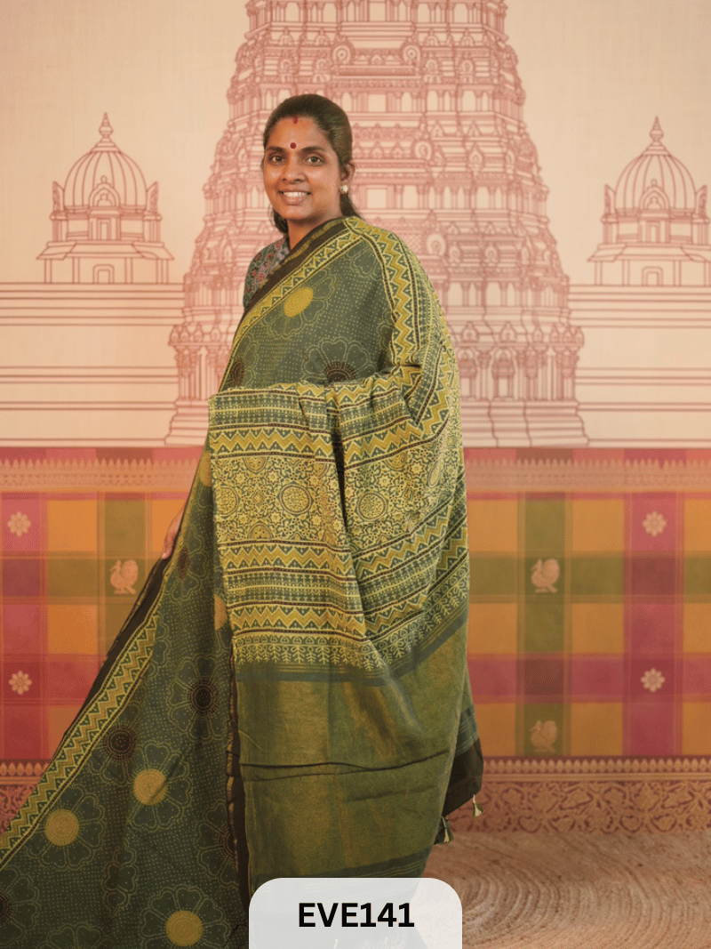 PURE CHANDERI SILK AJRAKH HANDBLOCK SAREE