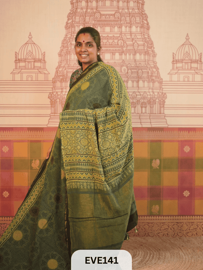 PURE CHANDERI SILK AJRAKH HANDBLOCK SAREE