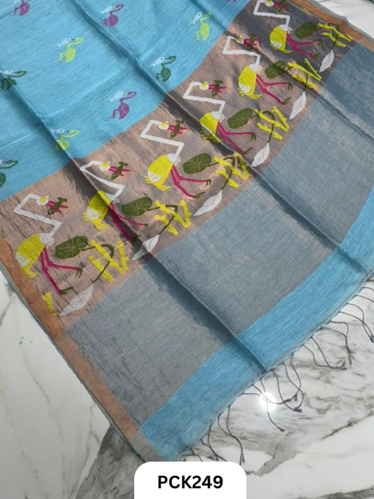 Handloom Pure Linen Silk Saree With Jamdhani Weave | Tissue Pallu