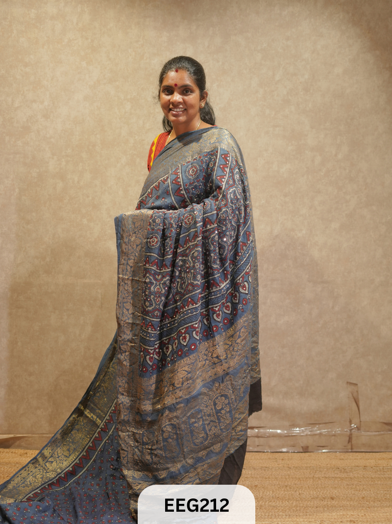 AJRAKH DOLA SILK SAREE WITH MIRROR WORK - IMMEDIATE DISPATCH