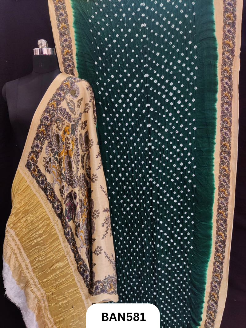 Semi Gaji ts kalamkari digital print pallu, blouse and border with bandhej saree
