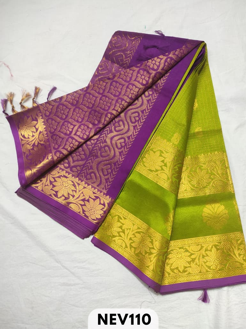 Handloom Silkcotton Long border zari checked butta with rich pallu saree