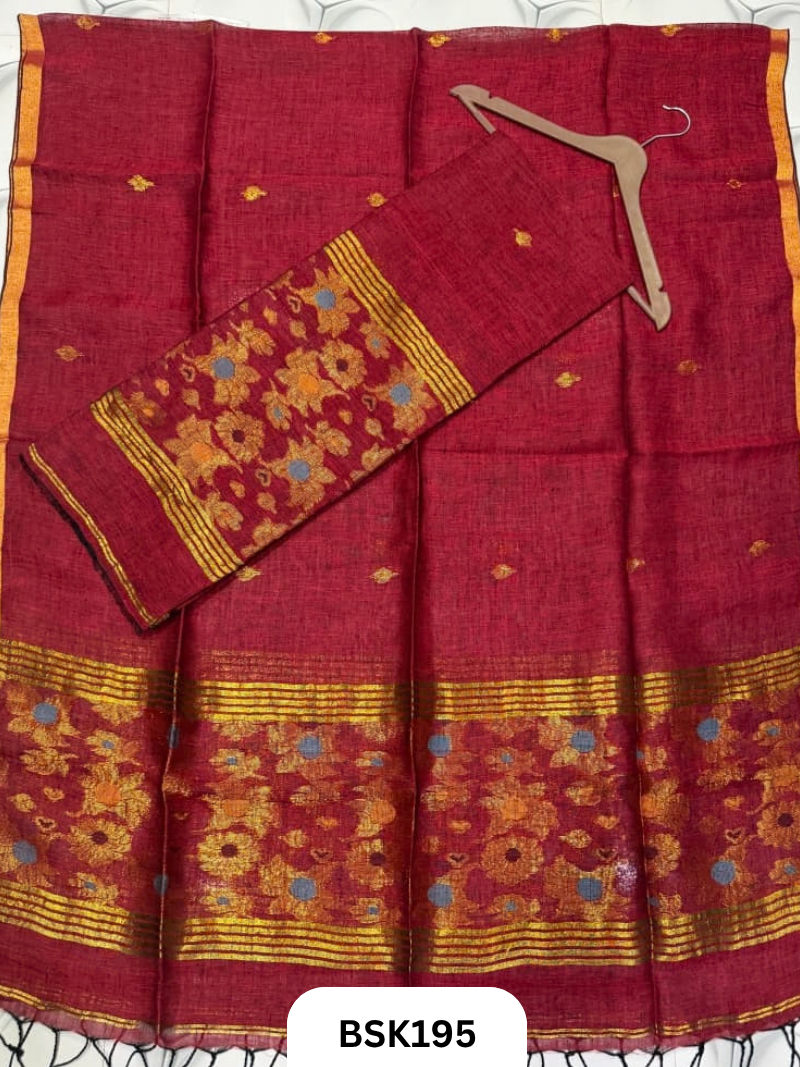 Premium Pure Handloom Linen Silk Salwar Floral Design  Top 2.7 mtr  | Duppata 2.5 mtr