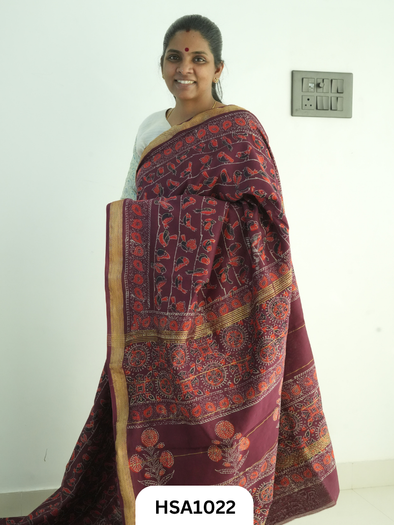 Pure Maheswari Silk Cotton - Handblock Print Saree With Blouse