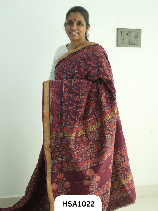 Pure Maheswari Silk Cotton - Handblock Print Saree With Blouse