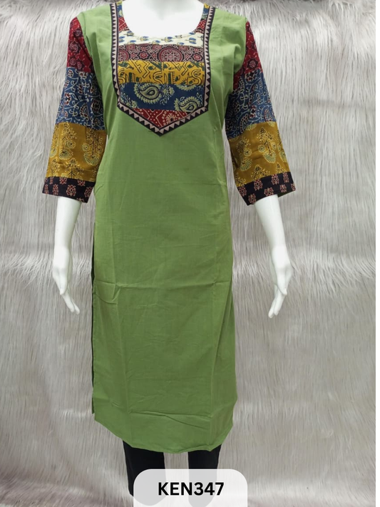 COTTON PLAIN KURTI WITH AJRAKH PATCHWORK YOKE WITH POCKET