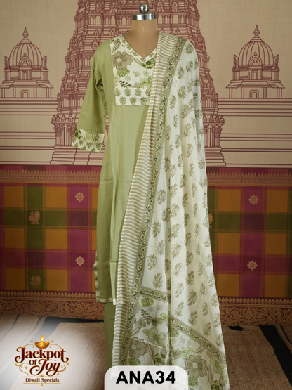 pure mulcotton sangner handblock stitched 3 pcs suit