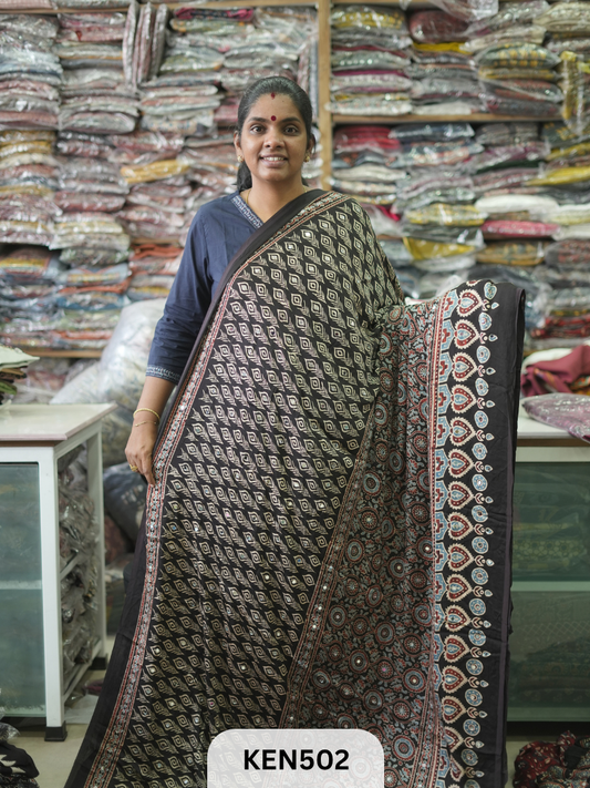 MODAL NATURAL AJRAKH HANDBLOCK SAREE WITH GLUE MIRROR