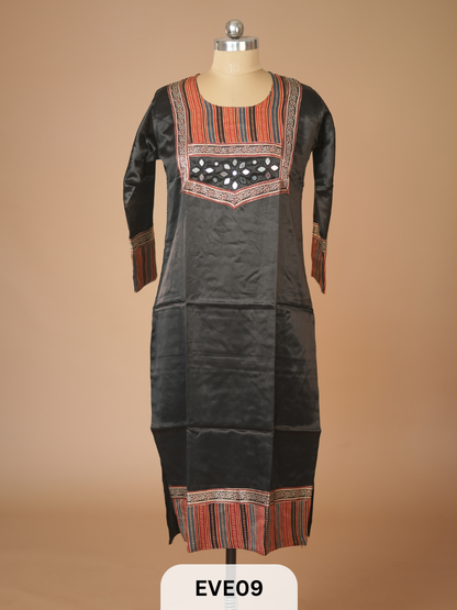 MASHRU KURTI WITH MIRROR WORK AND AJRAKH PRINT