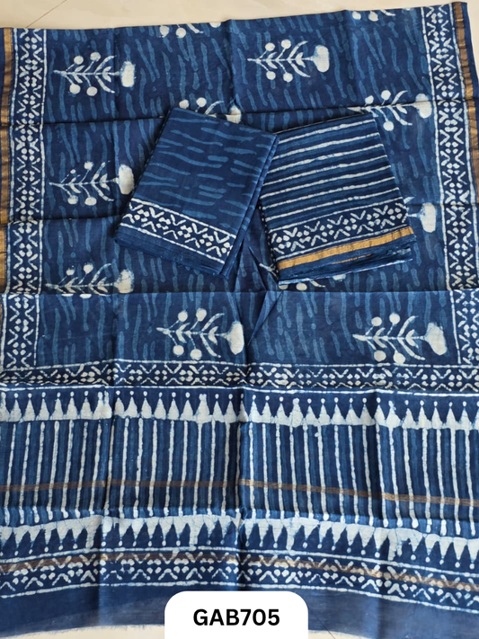 Hand Block Chanderi Silk Dress Materials Top 2.5 Mtrs Duptta 2.5 Mtrs