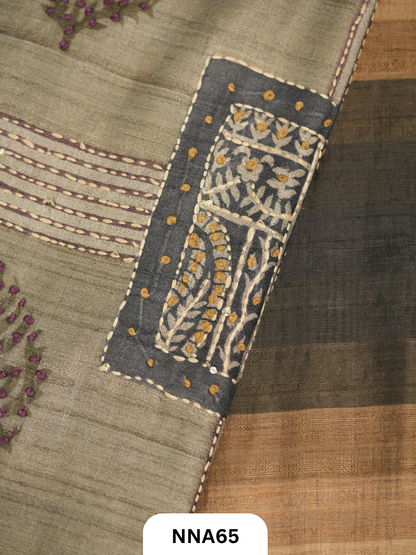 Handloom Pure Tussar Silk - Bullion With Kantha Stitch Saree