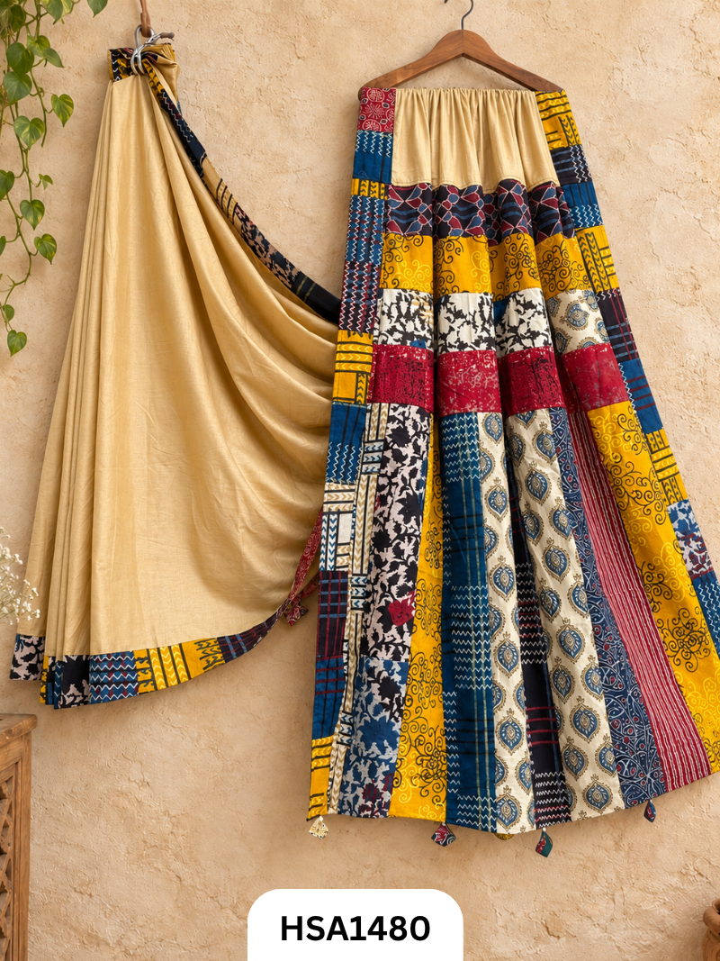 Pure Mul Cotton Ajrakh Patch Work Saree