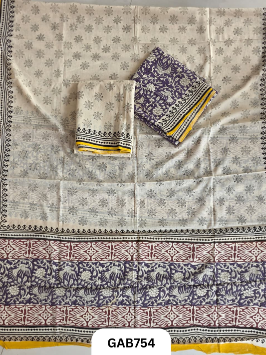 Handblock Cotton Suits With Mulmul Cotton Dupatta | Top 2.5 Mtr Dupatta 2.5 Mtr