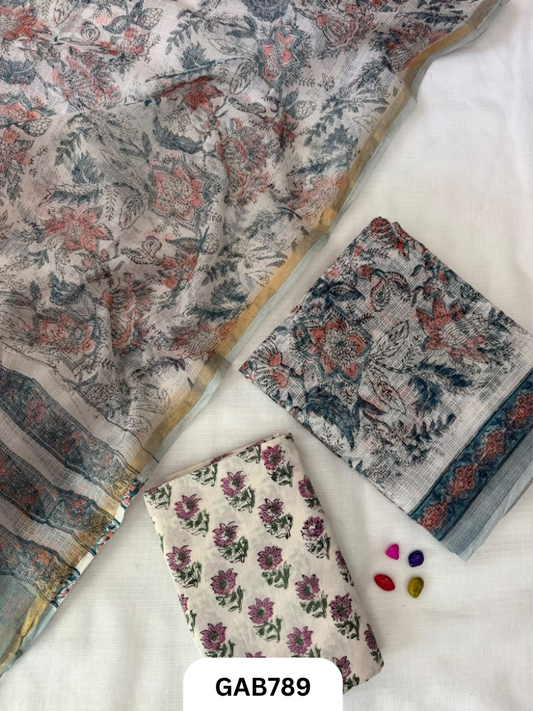 HandBlock Printed Kota Doriya Suit With Kota Doriya Duppta Cotton bottom | 2.5 mtr
