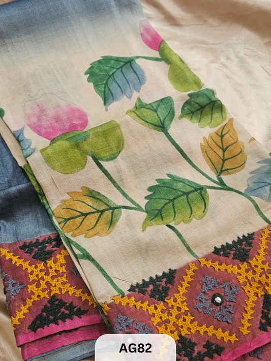 PURE TUSSAR WITH PENKALAMKARI | KUTCHI GUJARATI HAND EMBROIDERY