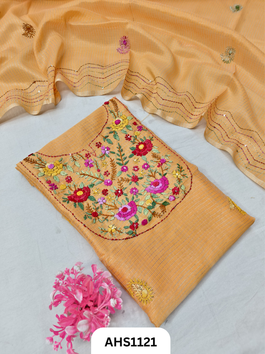 Tissue Kota Doria With Hand Fullkari Work Salwar Suit - Top & Duppatta 2.5mtr