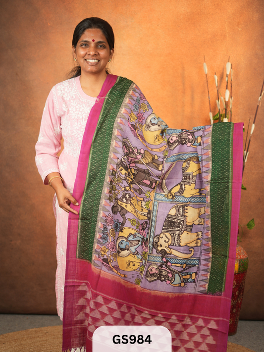 Ikkat Pochampalli dupatta with Penkalamkari