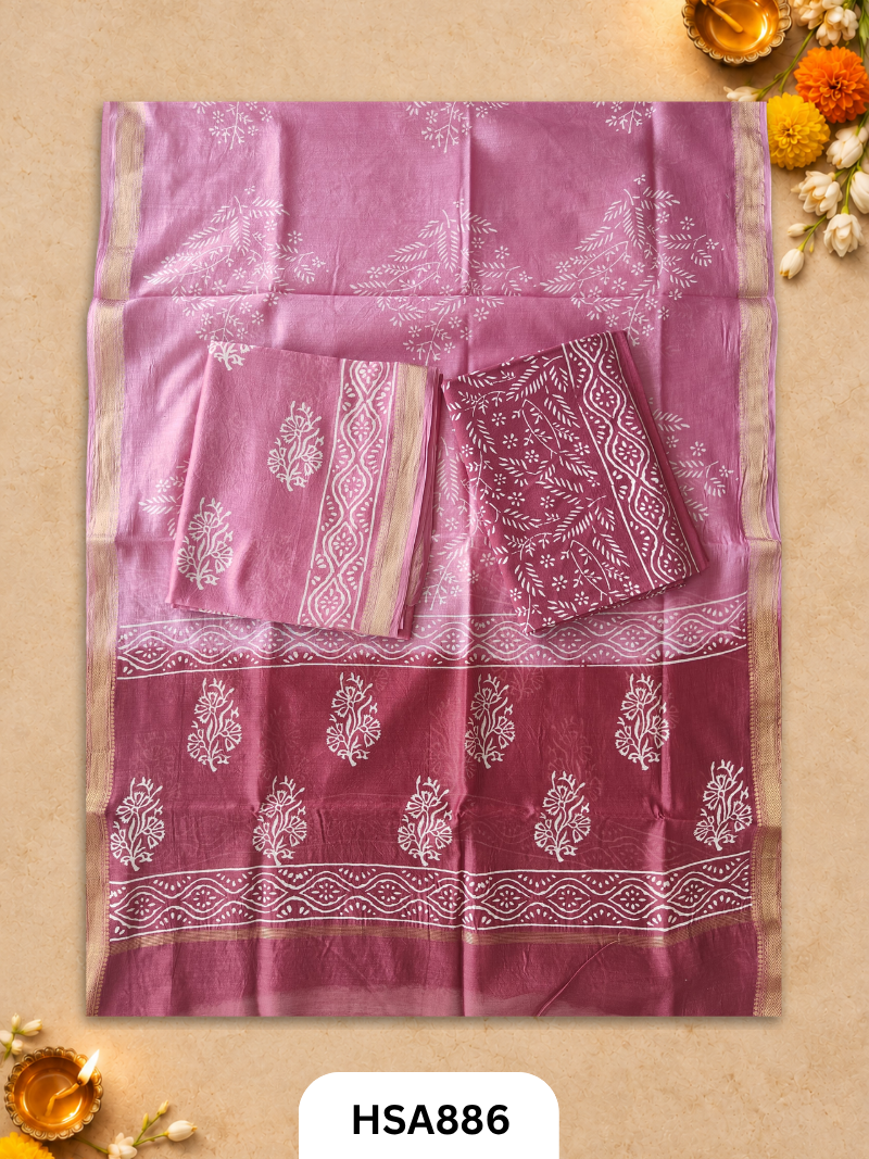 HandBlock Printed Maheshwari Silk Zari Border Top & dupttas 2.5 Mtrs | Bottom cotton 2.50 mtrs