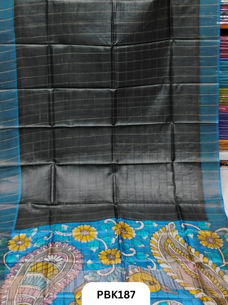 Pure Tussar Silk Saree with Checked design  Plain Body with Kalamkari Design in Pallu