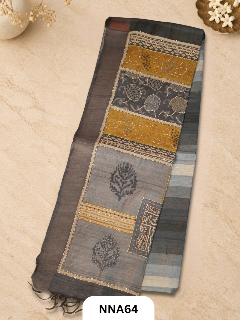 Handloom Pure Tussar Silk - Bullion With Kantha Stitch Saree