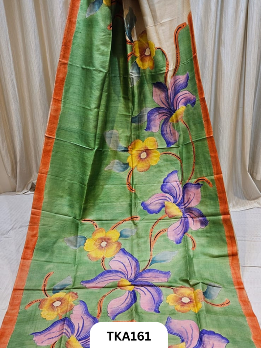 Pure Tussar ghicha silk with heavy embroidery with bishnupur hand painted exclusive saree