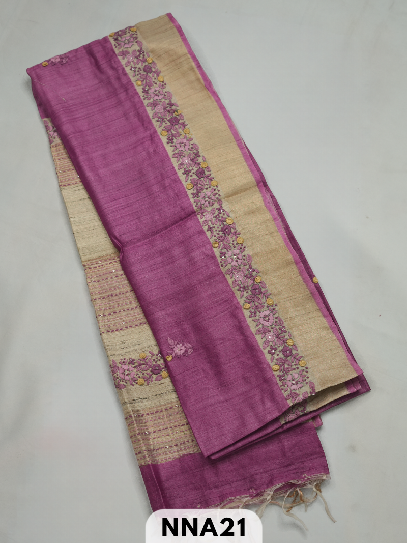 Pure tussar silk with buillon hand embroidery saree