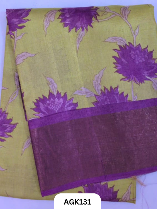 PREMIUM QUALITY  ZARI BORDER TUSSAR HAND BLOCK PRINTING WORK  WITH BLOUSE PIECE  SILK MARK CERTIFIED
