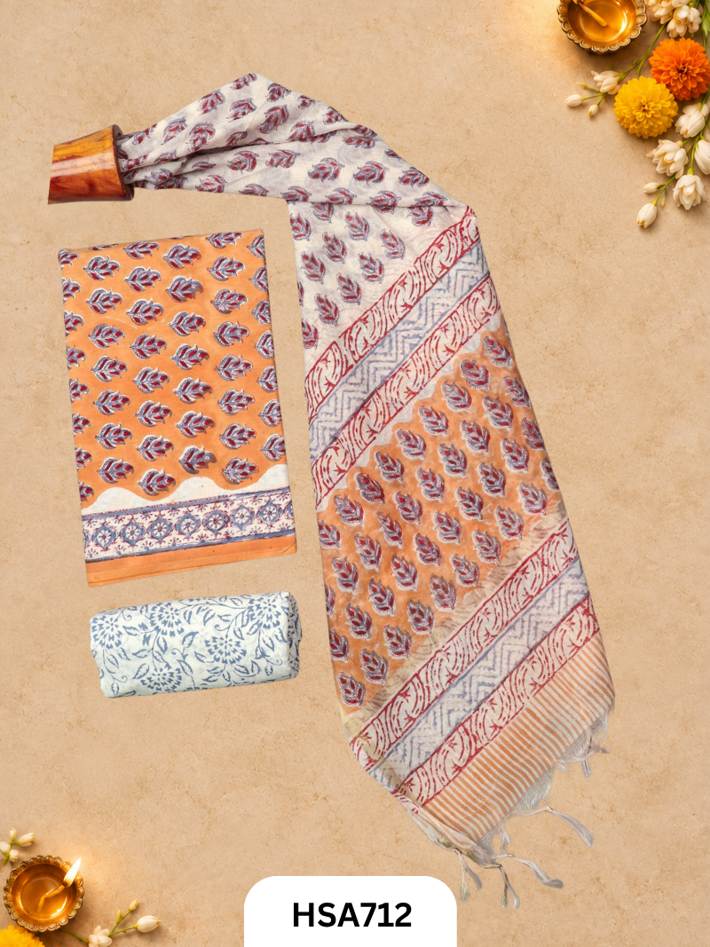 HandBlock Printed Chanderi Silk Dupatta With Cotton Suits -Top 2.5M Duptta 2.5M