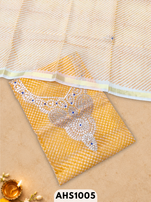 Kota Doria Pitta Work Salwar Suit - Top & Dupatta 2.5mtr