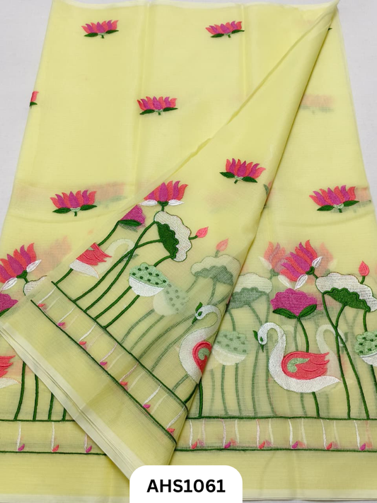 Kota Cotton Lotus & Swan Embroidery  Work Saree with Blouse