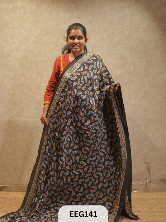 AJRAKH MODAL SAREE WITH KHATLI HANDWORK