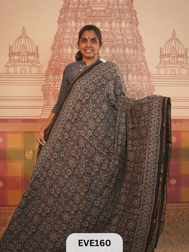 PURE CHANDERI SILK AJRAKH HANDBLOCK SAREE
