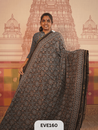 PURE CHANDERI SILK AJRAKH HANDBLOCK SAREE