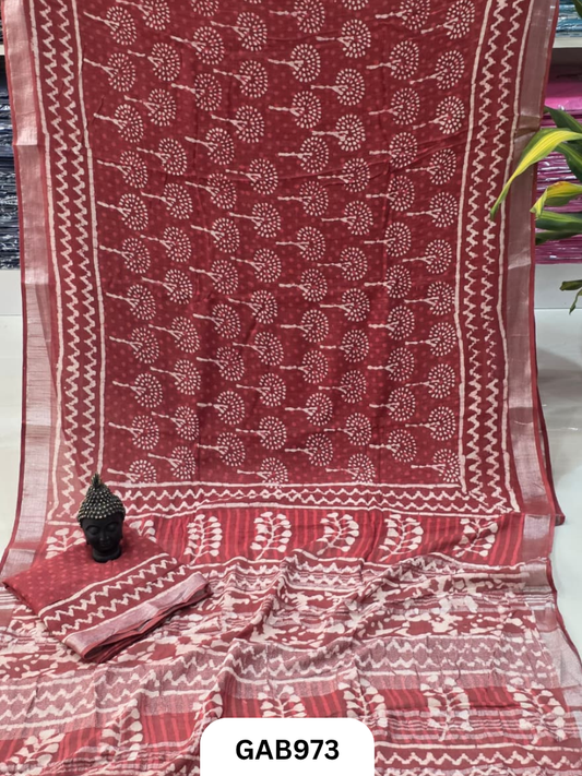 Bagru Handblock Print Linen Saree With Attached Blouse